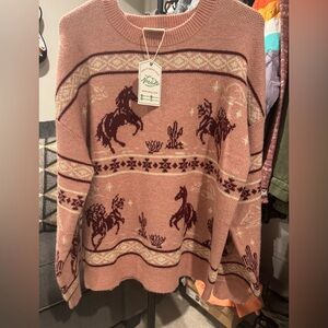 Newine Pink and Brown Horse Pattern Sweater
